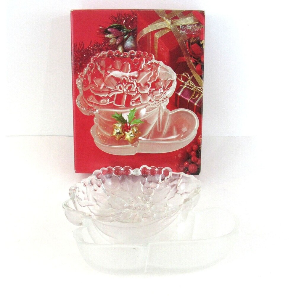 Vintage Mikasa Christmas Frosted Glass Santa Claus Boot Candy Dish with Box
